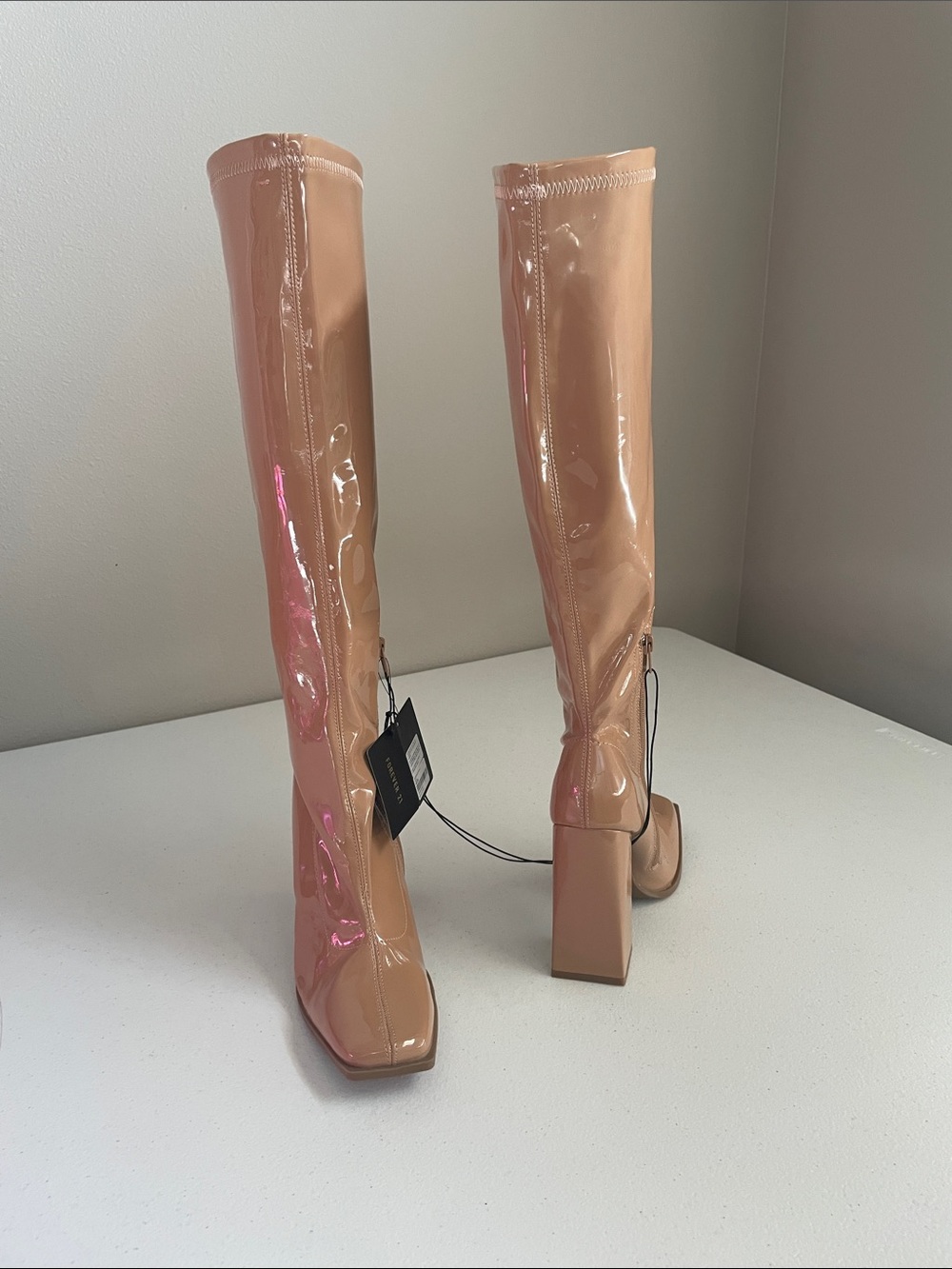 Tan Patent Knee-High Block Heel Boots